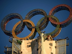 Olympic Rings on a tower in Yanqing, on the outskirts of Beijing on January 13, 2022.