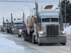Trucks in the "Freedom Convoy" are pictured on Jan. 26 as protesting truckers make their way to Ottawa.