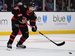 Ottawa Senators defenceman Michael Del Zotto (15) passes the puck against the Los Angeles Kings during the third period at Staples Center, Nov. 27, 2021.