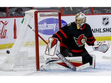 Ottawa Senators goaltender Anton Forsberg (31) makes a save against the Buffalo Sabres during the second period at the Canadian Tire Centre.