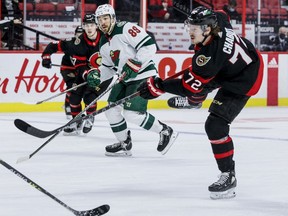 Senators defenceman Thomas Chabot (72) fires a shot to score the game winning goal against the Wild on Tuesday night.