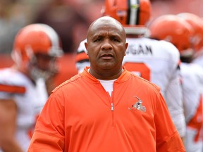 Head coach Hue Jackson of the Cleveland Browns is seen during warmups before the game against the New York Jets at FirstEnergy Stadium on October 8, 2017 in Cleveland.