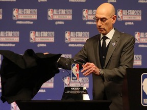 NBA commissioner Adam Silver unveils the Kobe Bryant MVP Award at a press conference during the 2020 NBA All Star Saturday Night at United Center in Chicago, Feb. 15, 2020.