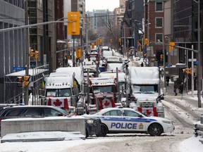 Trucks parked in downtown Ottawa protest COVID-19 vaccine mandates and restrictions on Feb. 4, 2022.