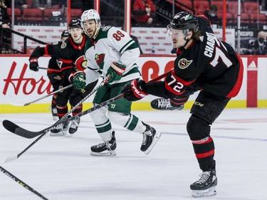 Ottawa Senators defenceman Thomas Chabot (72) fires a shot to score the game-winning goal against the Minnesota Wild late in the third period at the Canadian Tire Centre on Tuesday, Feb. 22, 2022.