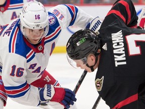 New York Rangers centerre Ryan Strome (16) faces off against Ottawa Senators left wing Brady Tkachuk (7) in the second period at the Canadian Tire Centre, Sunday, Feb. 20, 2022.