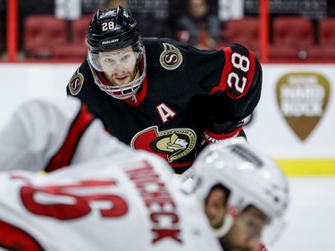 Ottawa Senators right wing Connor Brown (28) is set for a faceoff during the first period.