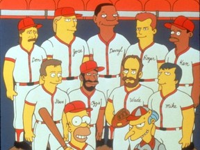 From Season 3, Episode 3ABF13 - HOMER AT BAT Featuring: Baseball greats Jose Canseco, Steve Sax, Ken Griffey Jr., Don Mattingly, Ozzie Smith, Darryl Strawbery, Mike Scoscia, Roger Clements, Wade Boggs and Terry Cashman. Photo Caption: (L-R): Homer plays ball in the episode, "Homer At Bat."