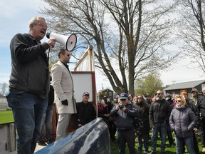 MPP Randy Hillier speaks to the crowd at the Eastern Ontario Health Unit's office in Cornwall during an anti-lockdown protest on May 1, 2021.