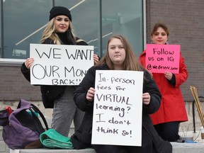 Algonquin College students, left to right, Sydney Heathwood, Leah Duff and Ariane Gacionis are calling for a reduction in fees, arguing the pandemic-era college experience isn't what it should have been.