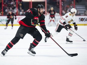 Senators winger Nick Paul skates with the puck during the second period of Saturday's game against the Blackhawks.