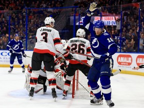 Corey Perry of the Tampa Bay Lightning celebrates a goal in the second period during a game against the Ottawa Senators at Amalie Arena on Tuesday, March 1, 2022 in Tampa, Florida.
