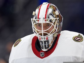 Matt Murray #30 of the Ottawa Senators looks on during a game against the Tampa Bay Lightning at Amalie Arena on March 01, 2022 in Tampa, Florida.