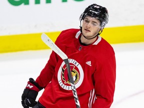 Senators’ Drake Batherson was back at practice yesterday, but won’t play during this home stand that wraps up next Friday against the Flyers.