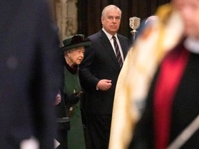 Queen Elizabeth II arrives in Westminster Abbey accompanied by Prince Andrew, Duke of York for the Service Of Thanksgiving For The Duke Of Edinburgh on March 29, 2022 in London, England. (Photo Richard Pohle - WPA Pool/Getty Images)