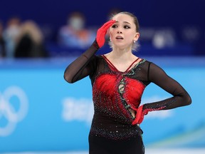 Kamila Valieva of Team ROC reacts during the Women Single Skating Free Skating Team Event on day three of the Beijing 2022 Winter Olympic Games at Capital Indoor Stadium on Feb. 7, 2022 in Beijing.