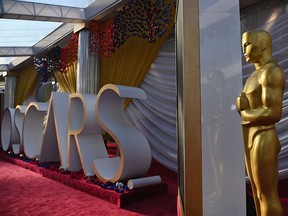 View of the red carpet outside the Dolby Theater in Los Angeles, on March 26, 2022, one day before the 94th Academy Awards.