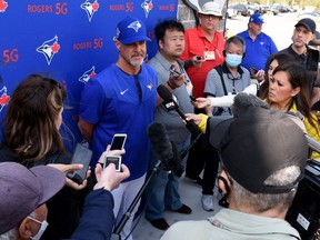 Toronto Blue Jays pitching coach Pete Walker speaks with members of the media during the spring training workout at the Toronto Blue Jays Player Development Complex in Dunedin, Fla., March 15, 2022.
