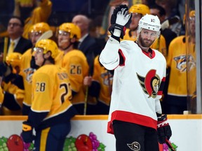 Ottawa Senators left wing Austin Watson (16) waves to the crowd after a video tribute from his time as a Nashville Predator during the first period at Bridgestone Arena, March 29, 2022.