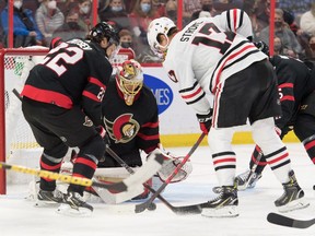 Chicago Blackhawks centre Dylan Strome (17) shoots on Ottawa Senators goalie Anton Forsberg (31) in the first period at the Canadian Tire Centre.
