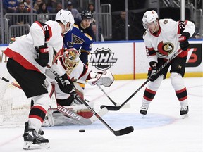 Ottawa Senators goaltender Anton Forsberg defends the net against the St. Louis Blues during the second period at Enterprise Center.