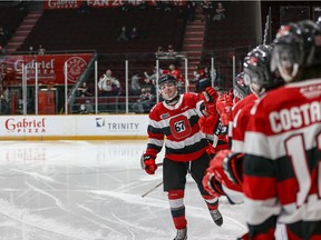 Ottawa 67's forward Tyler Boucher celebrates his second OHL goal and first at home on Feb. 23, 2022.  It was the eventual game winning goal in the 4-1 win over Kingston.