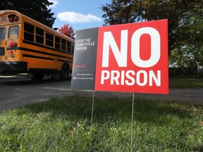 A no prison road sign in Kemptville in October 2021.