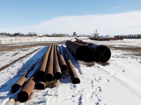 A supply depot servicing the Keystone XL crude oil pipeline lies idle in Oyen, Alta., on Feb. 1, 2021.