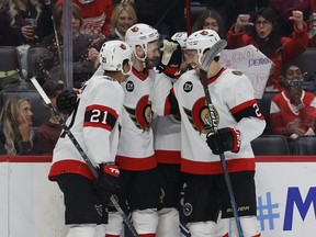 Ottawa Senators winger Austin Watson (16) celebrates his goal scored in the first period against the Detroit Red Wings at Little Caesars Arena.