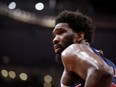 Joel Embiid #21 of the Philadelphia 76ers looks on in the second half of Game Four of the Eastern Conference First Round against the Toronto Raptors at Scotiabank Arena on April 23, 2022 in Toronto, Canada.