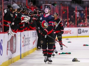 Josh Norris (9) of the Ottawa Senators celebrates after scoring his hat trick goal against the Detroit Red Wings in the third period at Canadian Tire Centre on April 03, 2022.