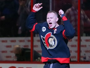 Brady Tkachuk of the Ottawa Senators celebrates after being named the third star following a 5-2 win against the Detroit Red Wings at Canadian Tire Centre on April 03, 2022.