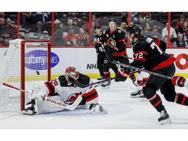 Ottawa Senators defenceman Thomas Chabot (72) scores on New Jersey Devils goaltender Mackenzie Blackwood (29) in the first period at the Canadian Tire Centre on April 26, 2022.