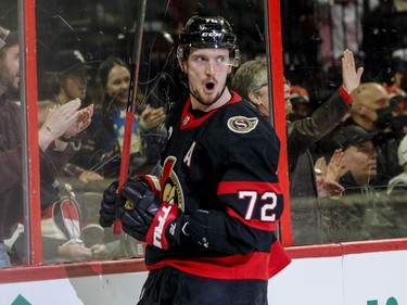 Ottawa Senators defenceman Thomas Chabot celebrates his goal against the New Jersey Devils in the first period at the Canadian Tire Centre on April 26, 2022.