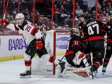 New Jersey Devils left wing Nolan Foote (25) celebrates his late second-period goal against the Ottawa Senators at the Canadian Tire Centre on April 26,2022.