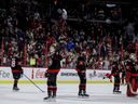 Ottawa Senators captain Brady Tkachuk and his teammates greet fans after their last home game of the season at Canada's Tyre Center on April 28, 2022.