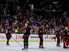 Ottawa Senators captain Brady Tkachuk and teammates salute the crowd after their last home game of the season at Canadian Tire Centre on April 28, 2022.