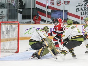 Luca Pinelli of the 67's beats North Bay goalie Joe Vrbetic during last night's playoff game at TD Place Arena. It would be the last goal the 67's would score this season as the Battalion won 3-2 to sweep the series in four games.