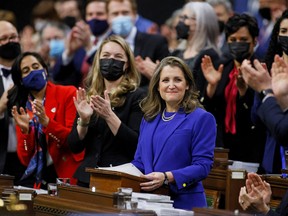 Canada's Finance Minister Chrystia Freeland gets standing ovation, as she delivers the 2022-23 budget in the House of Commons on Parliament Hill in Ottawa, April 7, 2022.