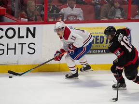 Montreal Canadiens winger Brendan Gallagher (11) is pursued by Ottawa Senators forward Tim Stutzle  on Saturday at the Canadian Tire Centre.