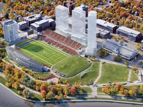 As part of the next phase of redevelopment at Lansdowne Park, the Ottawa Sports and Entertainment Group is proposing to relocate the event centre arena near the east endzone and construct new north-side stands, while adding 1,200 residential units in three towers on a new commercial podium.
