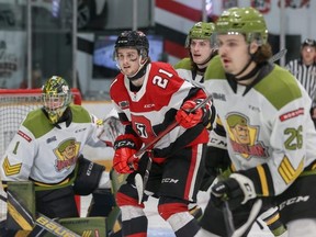 Ottawa 67s Alex Johnston looks to score on the North Bay Battalion Monday night. Valerie Wutti photo.