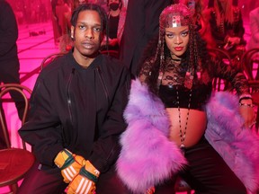A$AP Rocky and Rihanna are seen at the Gucci show during Milan Fashion Week Fall/Winter 2022/23 on Feb. 25, 2022 in Milan, Italy.