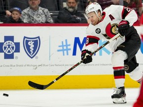 Ottawa Senators right wing Connor Brown (28) takes a shot during the third period against the Detroit Red Wings at Little Caesars Arena, April 12, 2022.