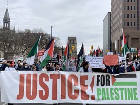 Several hundred Palestinian supporters marched in Ottawa Saturday to protest alleged Israeli violence.