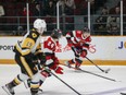 Luca Pinelli (20) of the 67's keeps an eye on teammate Vinzenz Rohrer and Jan Mysak of the Bulldogs as he skates with the puck during Friday's game.