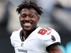 Antonio Brown of the Tampa Bay Buccaneers warms up prior to the game against the New York Jets at MetLife Stadium on Jan. 2, 2022 in East Rutherford, New Jersey.