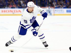 Jason Spezza #19 of the Toronto Maple Leafs shoots in the first first period during Game Three of the First Round of the 2022 Stanley Cup Playoffs against the Tampa Bay Lightning at Amalie Arena on May 06, 2022 in Tampa, Florida.