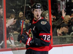 Ottawa Senators defenceman Thomas Chabot celebrates his goal against the New Jersey Devils in first period NHL action at the Canadian Tire Centre on April 26, 2022.