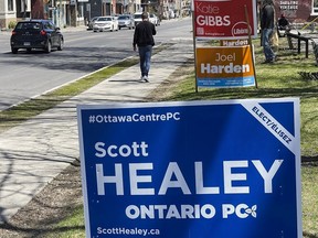 Signage for some of the candidates running in the riding of Ottawa Centre during the provincial election.